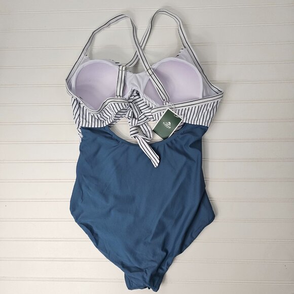 Women's Blue Striped Wrap Top Cut Out High Waist One Piece Swimsuit Size XL NWT - Picture 6 of 13